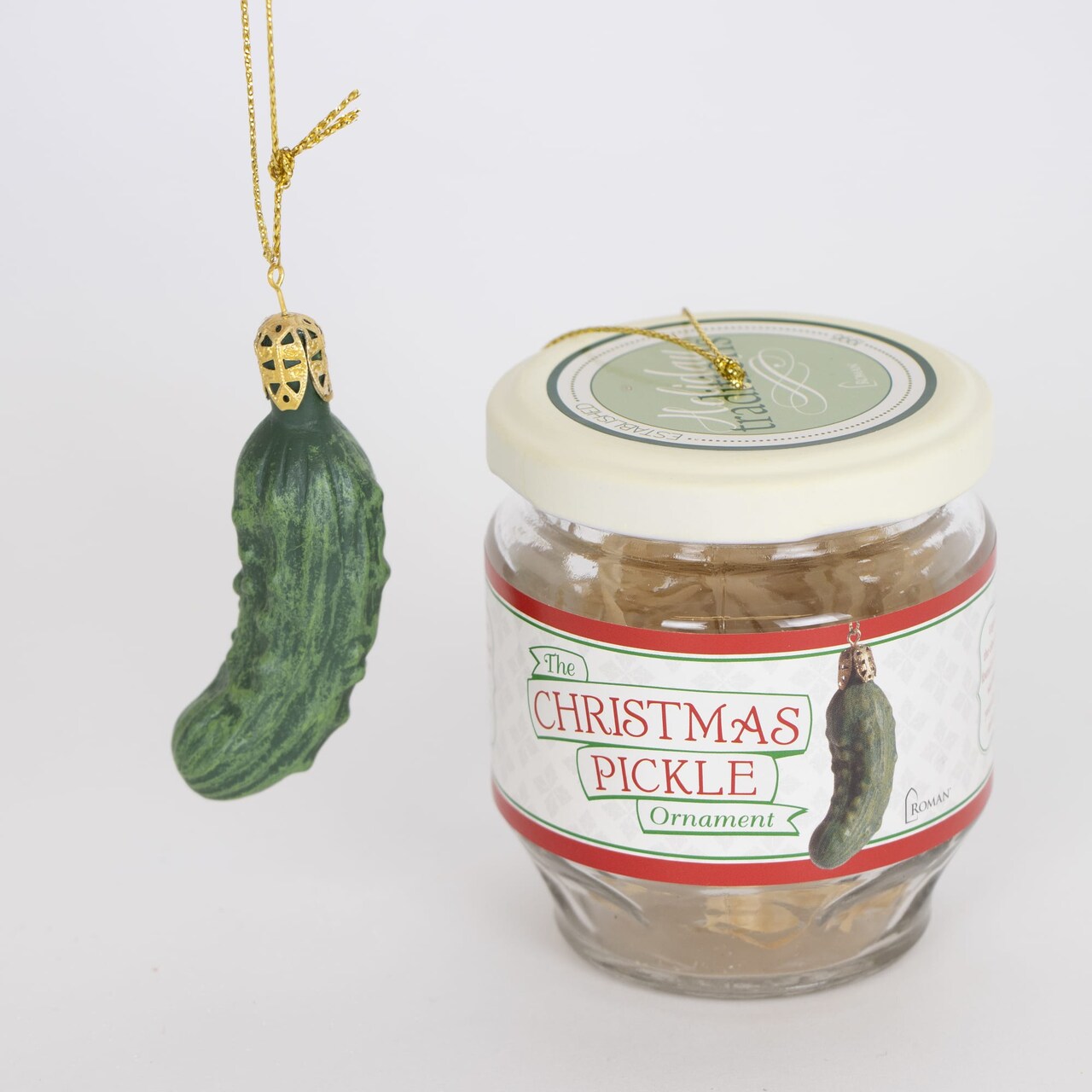 Holiday Traditions Christmas Pickle Ornament Set, 2-Piece Glass Jar and Pickle Tree Trimming Hanging Ornaments, To Hide or Find